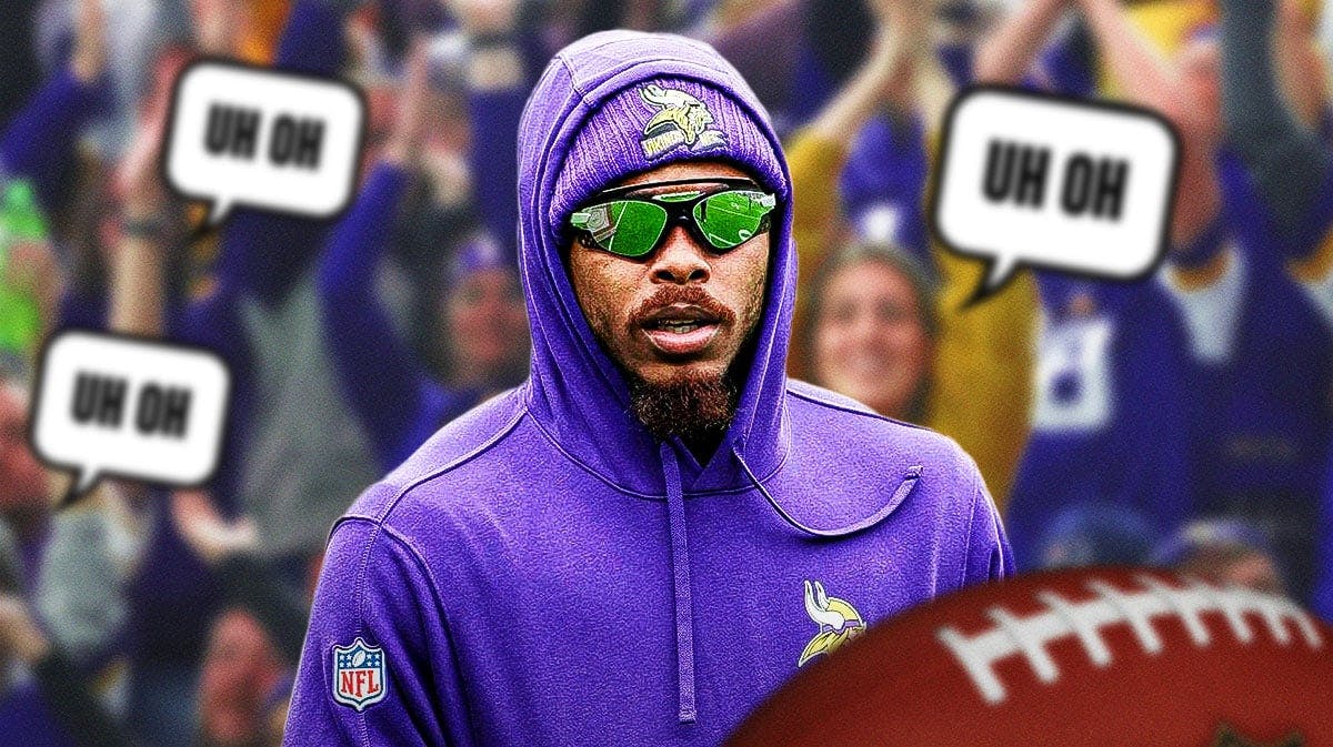 Justin Jefferson on one side, a bunch of Minnesota Vikings fans on the other side with a speech bubble that says "Uh oh"