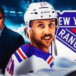 Vincent Trocheck in middle of image looking happy with fire around him, Peter Laviolette in image looking impressed, NY Rangers logo, hockey rink in background