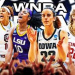 Caitlin Clark, Angel Reese, Cameron Brink, Kamilla Cardoso all together with WNBA Draft logo in front. Question marks all around the graphic.