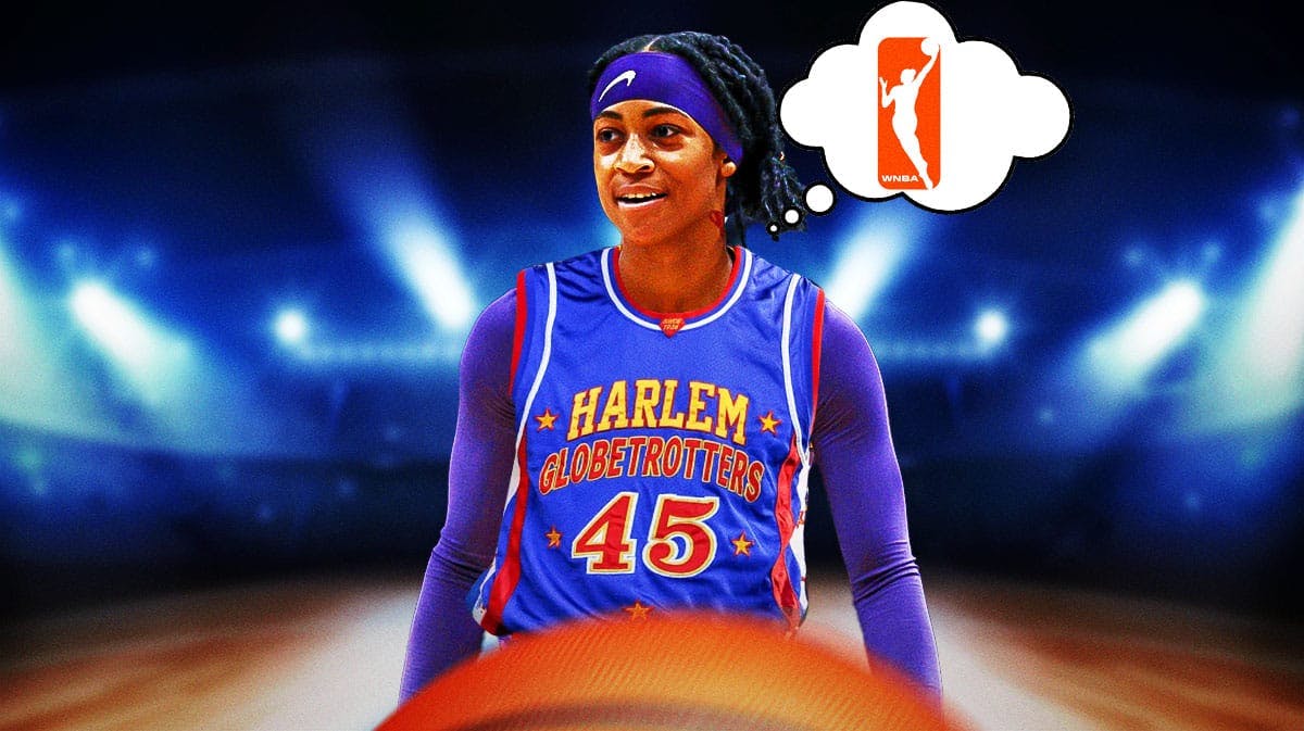 Former LSU women's basketball player Alexis Morris, with a jersey swap so she is in a Harlem Globetrotters jersey. Morris should have a "thought bubble" with the WNBA logo inside of the bubble like she is thinking about the WNBA.
