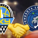 A pair of shaking hands. On one side of the hands is the logo for the WNBA’s Chicago Sky, on the other side is the logo for the WNBA’s Minnesota Lynx.
