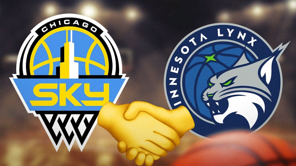 A pair of shaking hands. On one side of the hands is the logo for the WNBA’s Chicago Sky, on the other side is the logo for the WNBA’s Minnesota Lynx.
