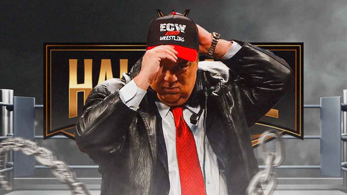 Paul Heyman wearing his ECW hat with the WWE Hall of Fame logo as the background.