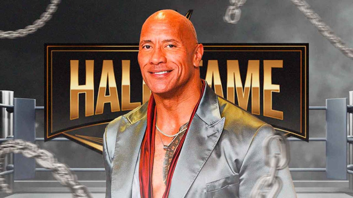 The Rock in a suit with the WWE Hall of Fame logo as the background.