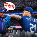 Dodgers' Walker Buehler pitching a baseball on left. Dodgers' Dave Roberts on right saying the following: UPDATE