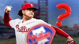 On right, Phillies' Taijuan Walker pitching a baseball. On left, need one question mark. Background can be Citizens Bank Park.