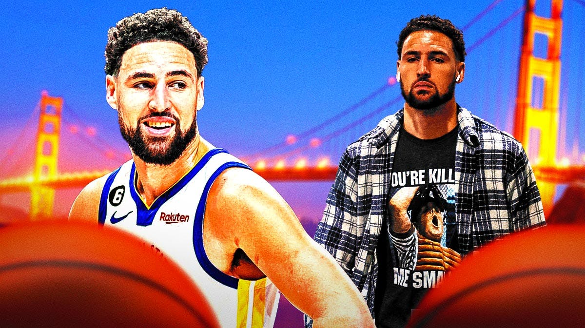 Warriors' Klay Thompson (2024 version) smiling at a version of himself in casual clothes (2019 to 2021 version)