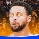 Close-up image of Stephen Curry looking serious. Place fire in his eyes.
