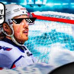 Washington Capitals wing T.J. Oshie wearing big sunglasses with a speech bubble that says “Did somebody say playoffs?” Next to him is a hockey net with no goalie in front of it.