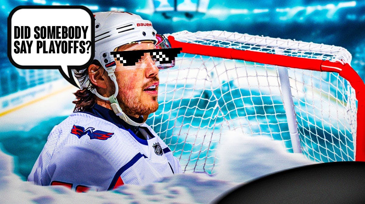 Washington Capitals wing T.J. Oshie wearing big sunglasses with a speech bubble that says “Did somebody say playoffs?” Next to him is a hockey net with no goalie in front of it.
