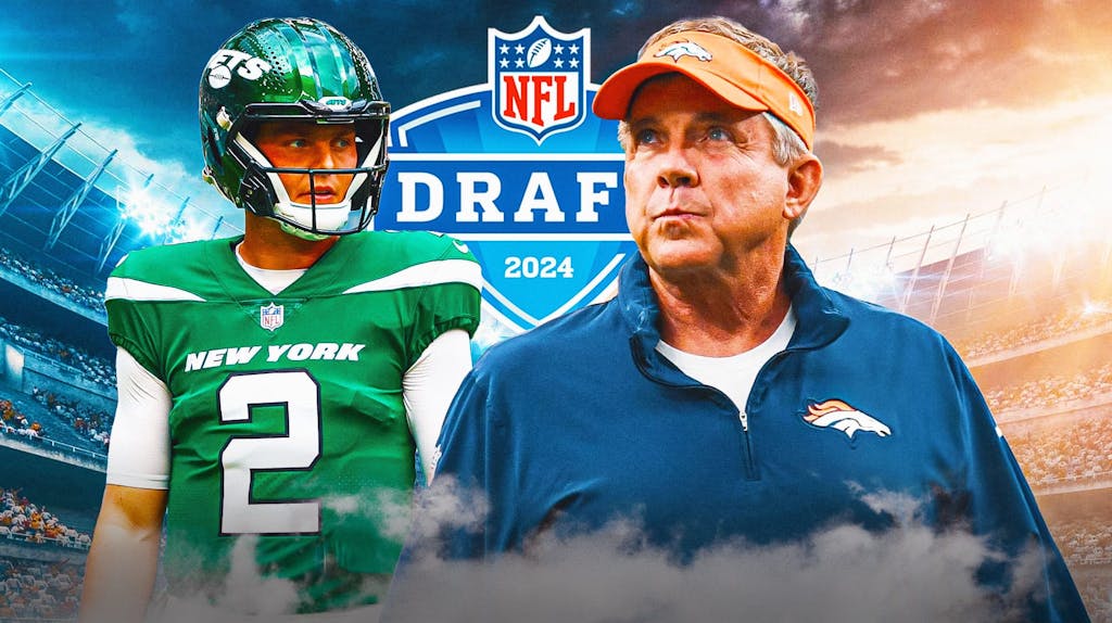 Jets QB Zach Wilson, Broncos head coach Sean Payton and 2024 NFL Draft logo