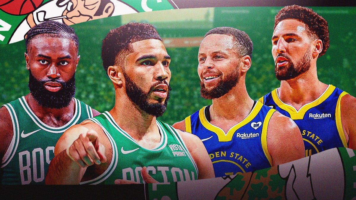 Celtics' Jaylen Brown and Jayson Tatum with Warriors' Stephen Curry and Klay Thompson