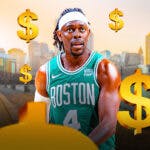 Celtics' Jrue Holiday with dollar signs behind him