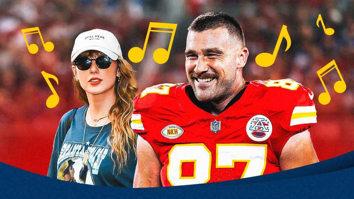 Travis Kelce and Taylor Swift with music notes around them
