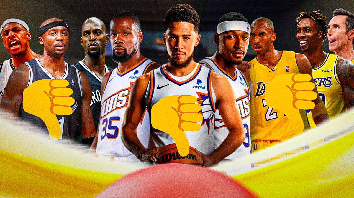 Paul Pierce, Jason Terry, Kevin Garnett all together on the Nets on the left side of the graphic. Steve Nash, Dwight Howard, Kobe Bryant all together on the Lakers on the right side of the graphic. In the middle of the graphic is Bradley Beal, Kevin Durant, Devin Booker on the Suns. Thumbs down emojis and downward facing arrows around the graphic.
