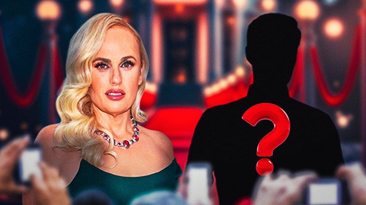 Rebel Wilson next to the silhouette of a British royal with a "?" over the image