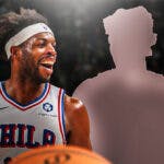 Sixers' Buddy Hield smiling, with silhouette of Jazz's Lauri Markannen beside him