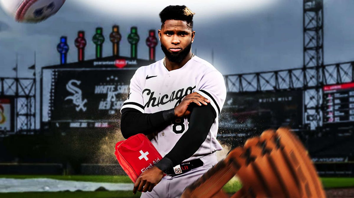 White Sox outfielder Luis Robert Jr. with a medical bag on him.