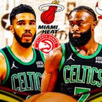 A newspaper as the background, Jayson Tatum and Jaylen Brown with the Philadelphia 76ers, Miami Heat, Chicago Bulls, and Atlanta Hawks logos in the background