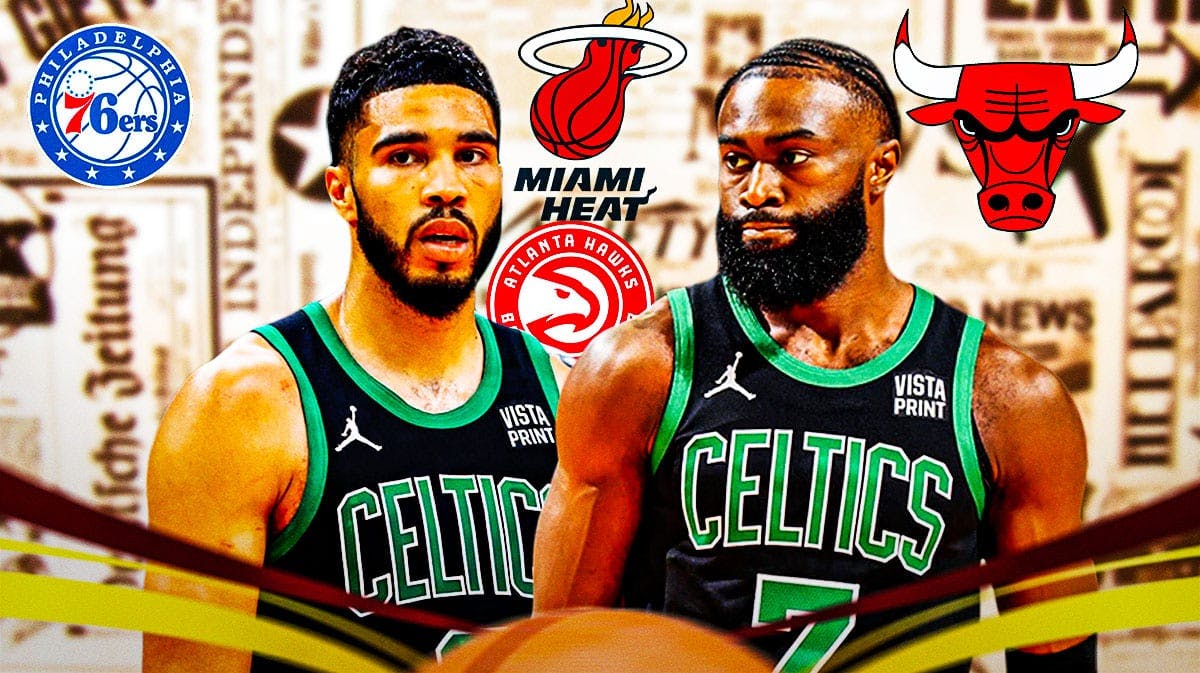 A newspaper as the background, Jayson Tatum and Jaylen Brown with the Philadelphia 76ers, Miami Heat, Chicago Bulls, and Atlanta Hawks logos in the background