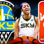 Sky's Angel Reese flexes next to WNBA logo before 2024 season, Kamilla Cardoso in background