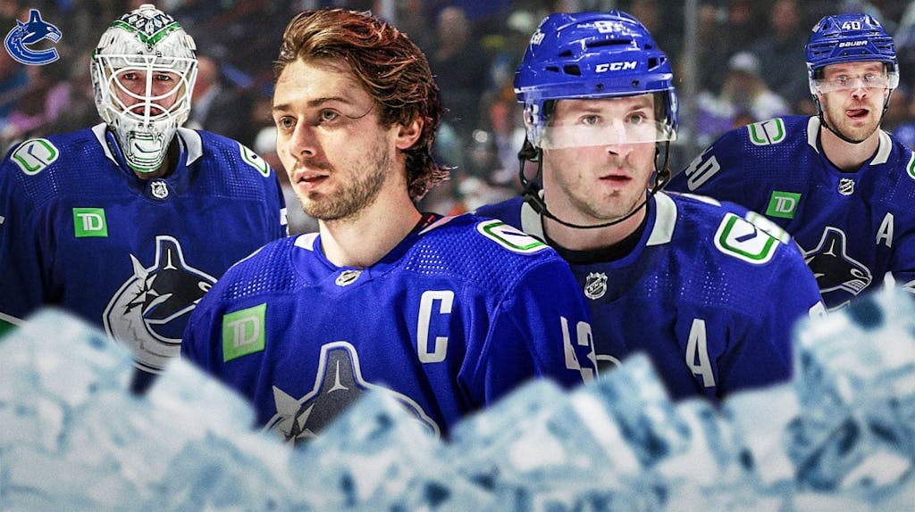 Quinn Hughes, Thatcher Demko, JT Miller and Elias Pettersson in image, NHL Stanley Cup, Vancouver Canucks logo, hockey rink in background