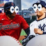 Yankees' Juan Soto and Guardians' Josh Naylor with eyes popping out looking at each other. Both looking serious. Progressive Field background.