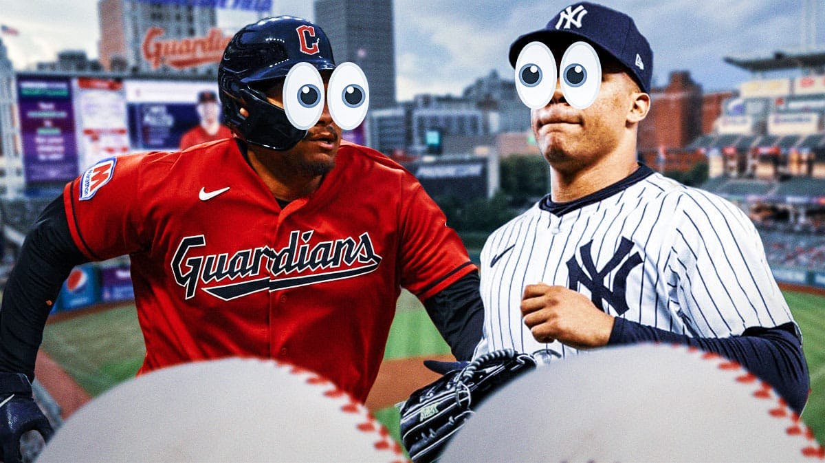 Yankees' Juan Soto and Guardians' Josh Naylor with eyes popping out looking at each other. Both looking serious. Progressive Field background.