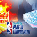 Kings and Pelicans logo on fire next to NBA Play-In logo, Warriors logo in background