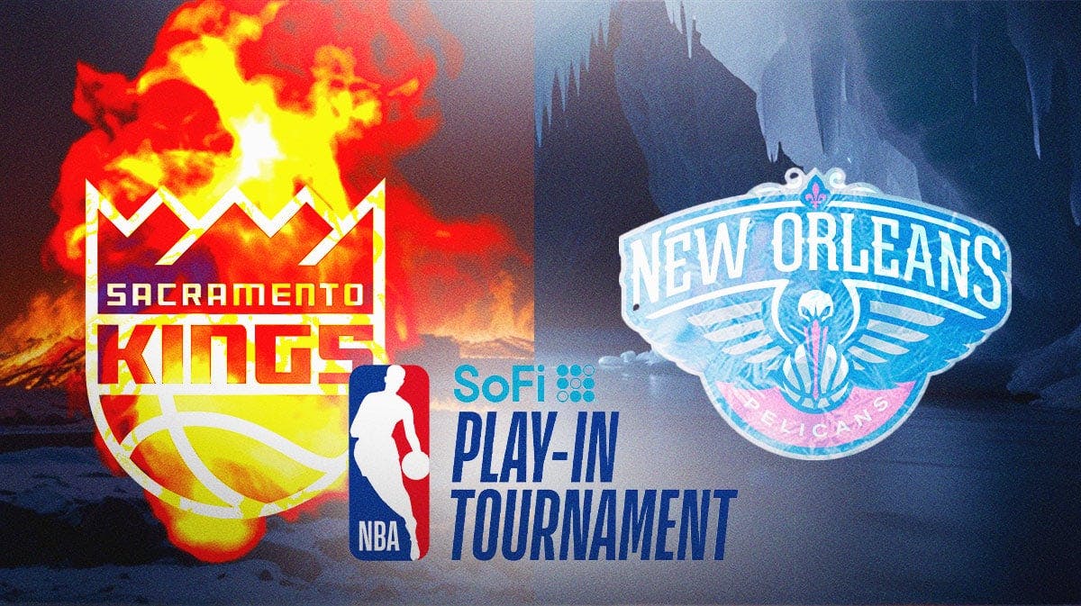 Kings and Pelicans logo on fire next to NBA Play-In logo, Warriors logo in background