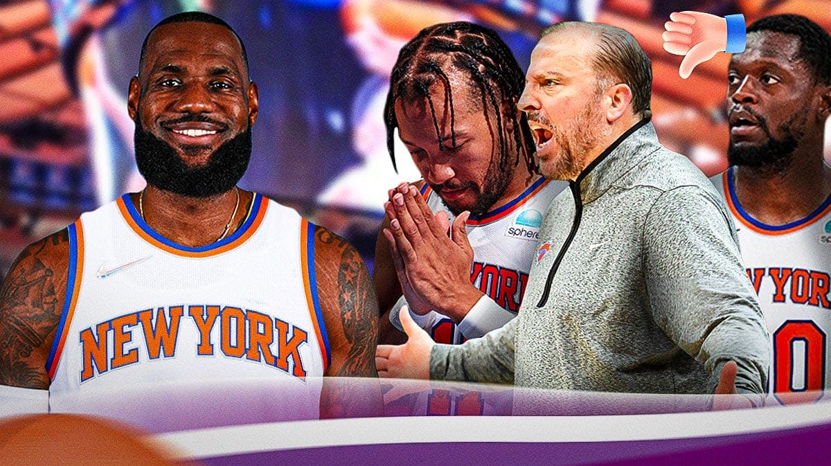 LeBron James in a Knicks jersey smiling, with Jalen Brunson looking anguished, Tom Thibodeau shouting, and Julius Randle giving the thumbs down.