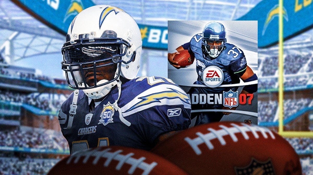 LaDainian Tomlinson in Chargers jersey next to a copy of Madden 07 video game.