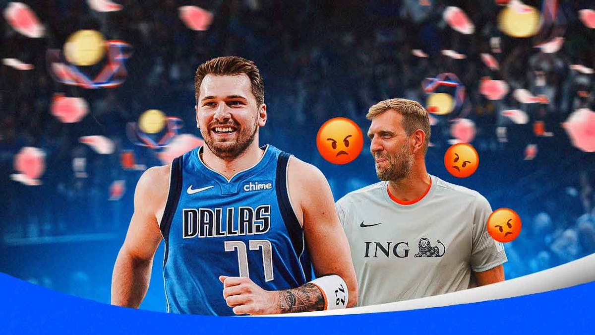 Mavs' Luka Doncic with plenty of awards, flowers, and medals being thrown his way, with Dirk Nowitzki (casual clothes) smiling at Doncic with angry emojis all over Dirk