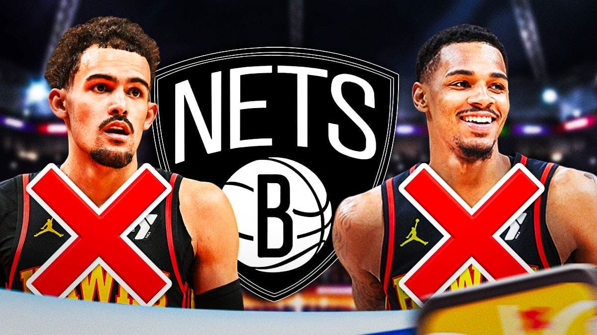 Nets logo with Hawks Trae Young on one side and Dejpunte Murray on the other with red xs over both players