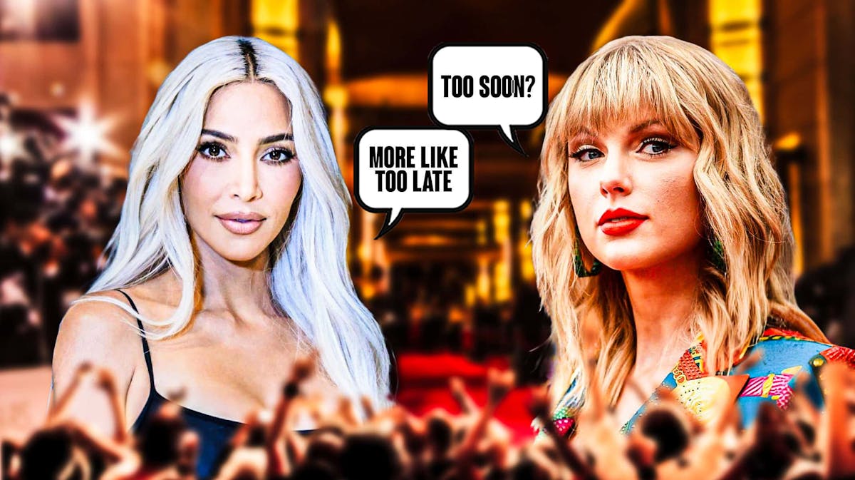 Taylor Swift and Kim Kardashian. Swift has speech bubble, "Too soon?" and Kardashian has one, "More like too late"