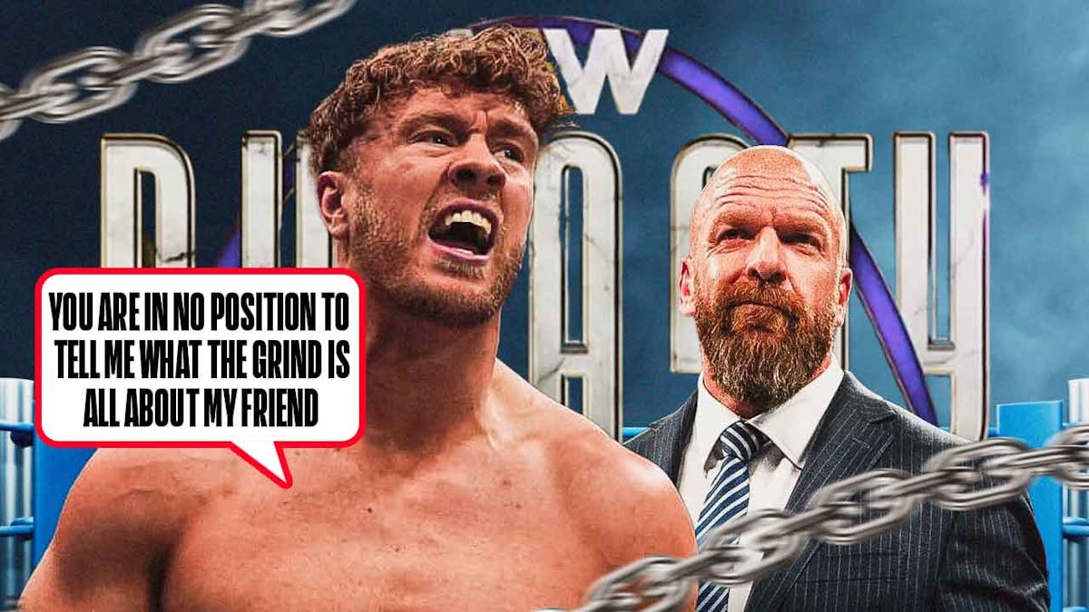 Will Ospreay with a text bubble reading "You are in no position to tell me what the grind is all about my friend" next to Triple H with the AEW Dynasty logo as the background.