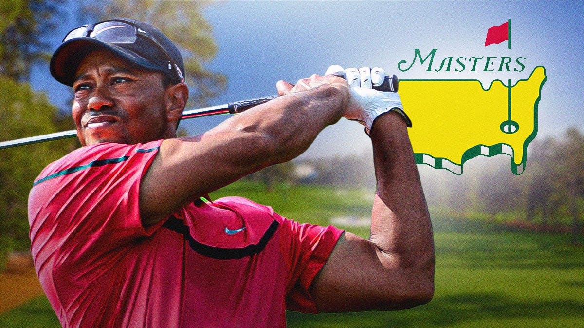 Tiger Woods swinging a golf club at Augusta National. Place the 2024 Masters golf logo in background.