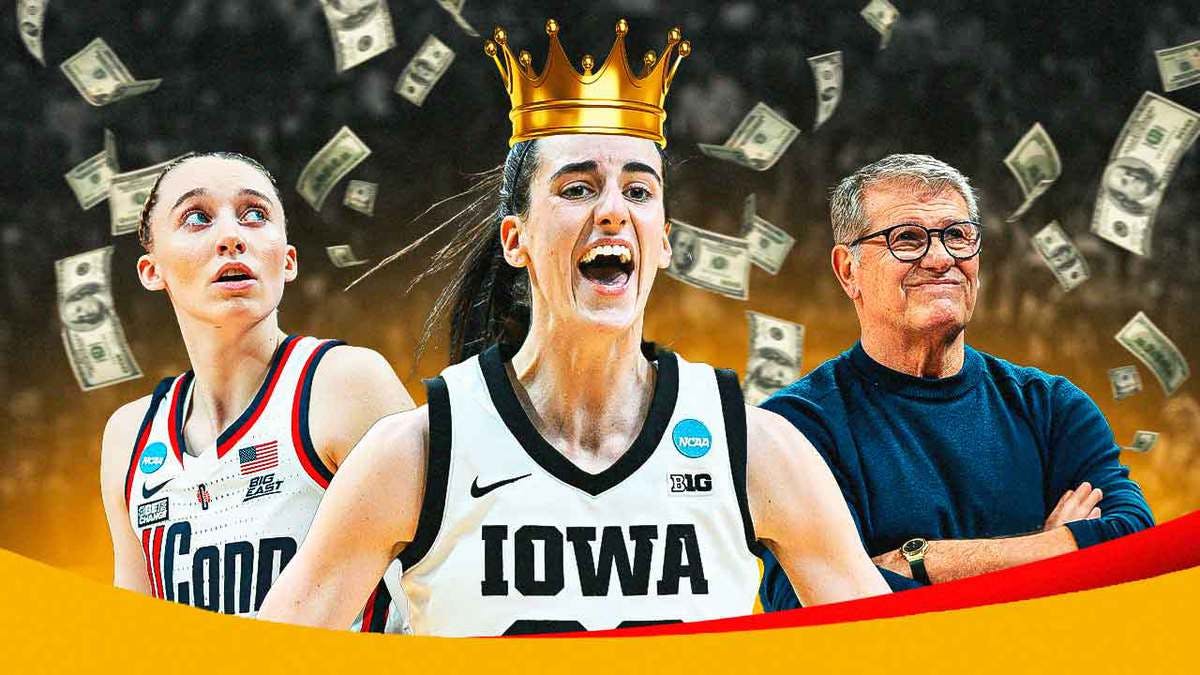 Iowa Caitlin Clark with UConn Paige Bueckers and Geno Auriemma before March Madness clash
