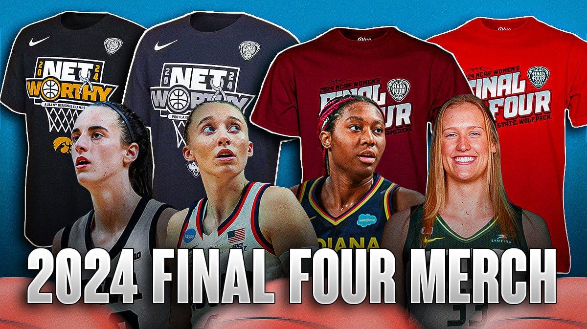 Caitlin Clark, Paige Bueckers, Aliyah Boston, Elissa Cunane in front of their Final Four merch tees on a light blue background.