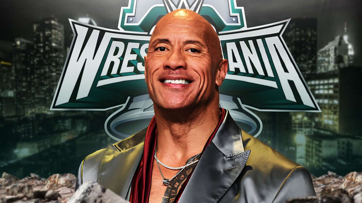 The Rock in front of the WrestleMania 40 logo.