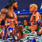 WrestleMania XL Results WWE 2K24 Simulation Roman Reigns facing off against Cody Rhodes, with Bayley, Logan Paul, LA Knight, Rhea Ripley, and Rey Mysterio on the foreground