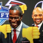 Falcons' Raheem Morris and Terry Fontenot, 2024 NFL Draft, with thumbs down emojis