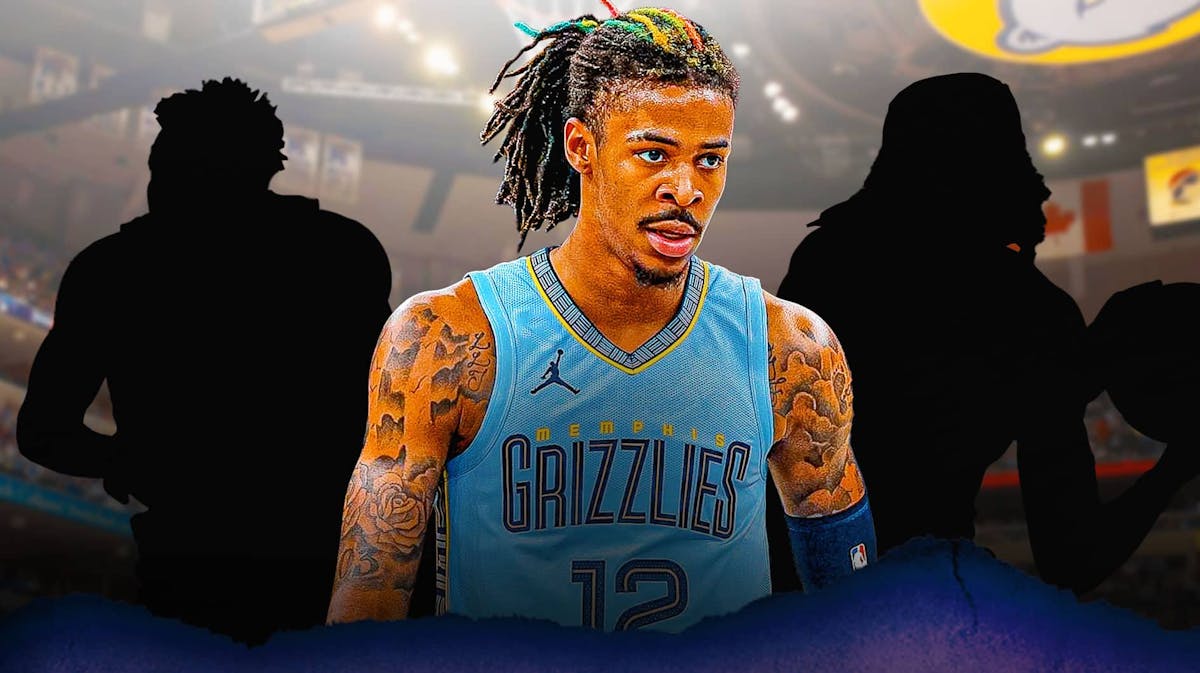 Ja Morant (Grizzlies) with two mystery players (Dorian Finney-Smith of the Nets and Robert Williams III of the Blazers) in silhouette