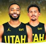 Mikal Bridges and Trae Young in Jazz jerseys, with Danny Ainge and Will Hardy