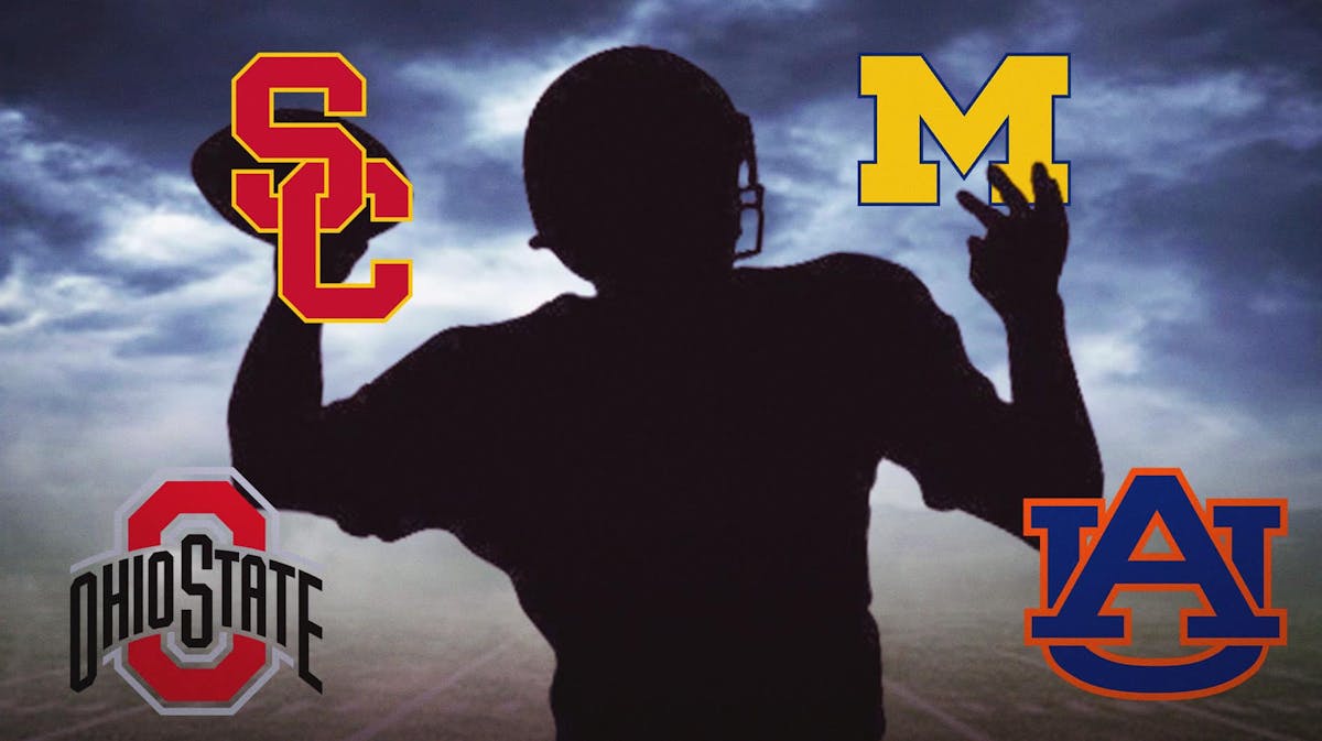 college football teams USC, Michigan, Ohio State, Auburn, with QB silhouette