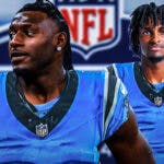 Xavier Legette (South Carolina), Ennis Rakestraw Jr. (Missouri) both in Panthers jerseys with 2024 NFL Draft background.