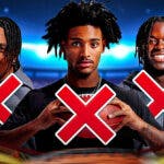 Jayden Daniels, Nate Wiggins, Olu Fashanu all with red x's over them - Las Vegas Raiders logo in front - 2024 NFL Draft background.