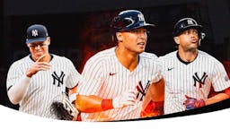 Photo: Anthony Volpe, Giancarlo Stanton in Yankees jersey with fire around them, Aaron Judge smiling, Clay Holmes in Yankees jersey pitching