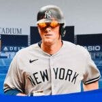 Photo: DJ LeMahieu looking serious in Yankees jersey with fire in his eyes