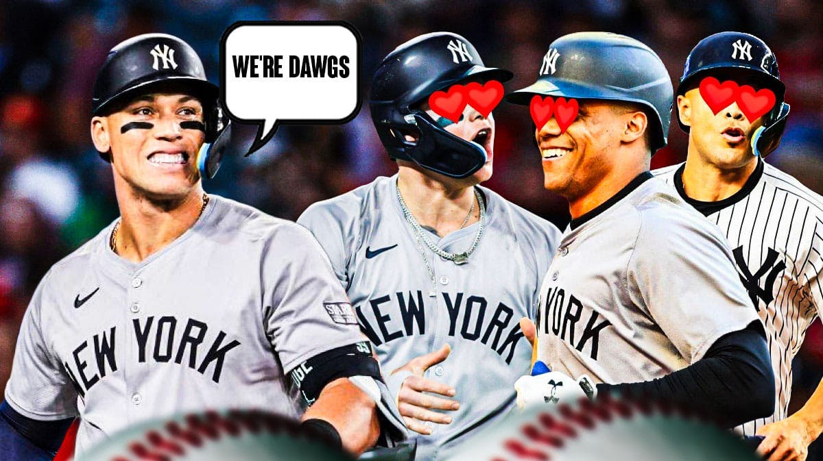 Aaron Judge on one side with a speech bubble that says "We're dawgs!", Juan Soto, Giancarlo Stanton, and Alex Verdugo on the other side with hearts in their eyes